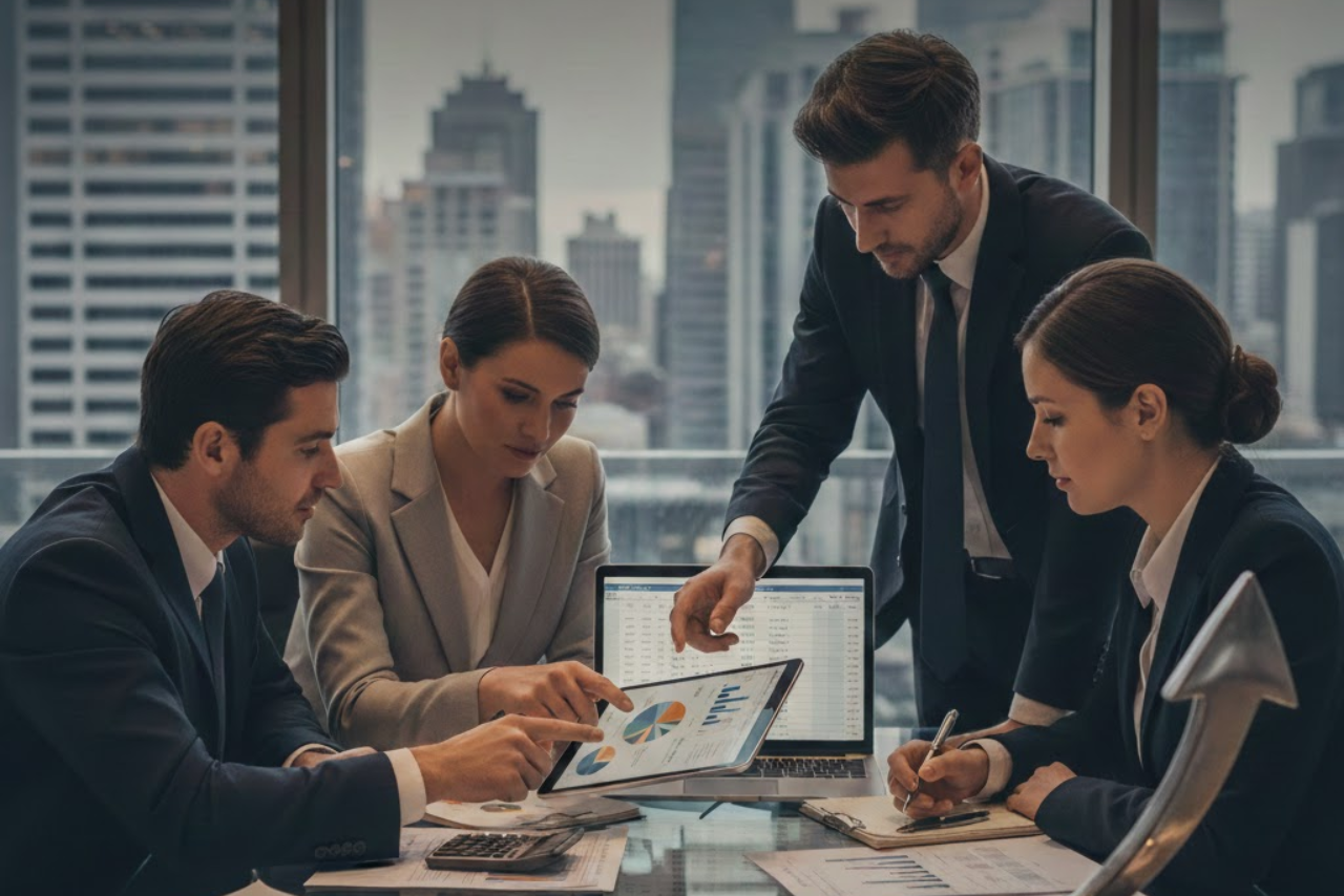 Overhead view of smartphone calculator and tax forms on a wooden table.